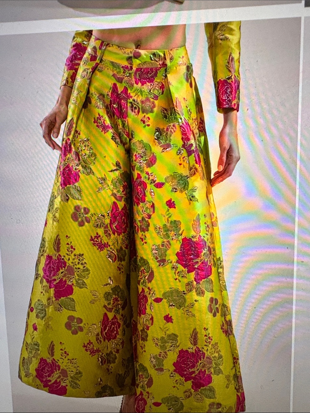 AKIRA Lime & Hot Pink Floral Brocade Wide-Leg Trousers with Matching Blazer - Picture 2 of 6